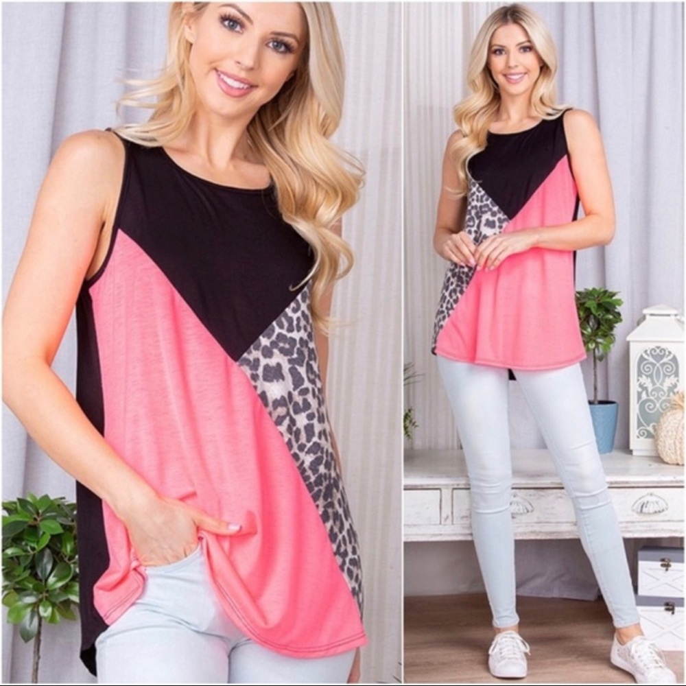 Summer Colorblock Neon Pink Leopard Tank